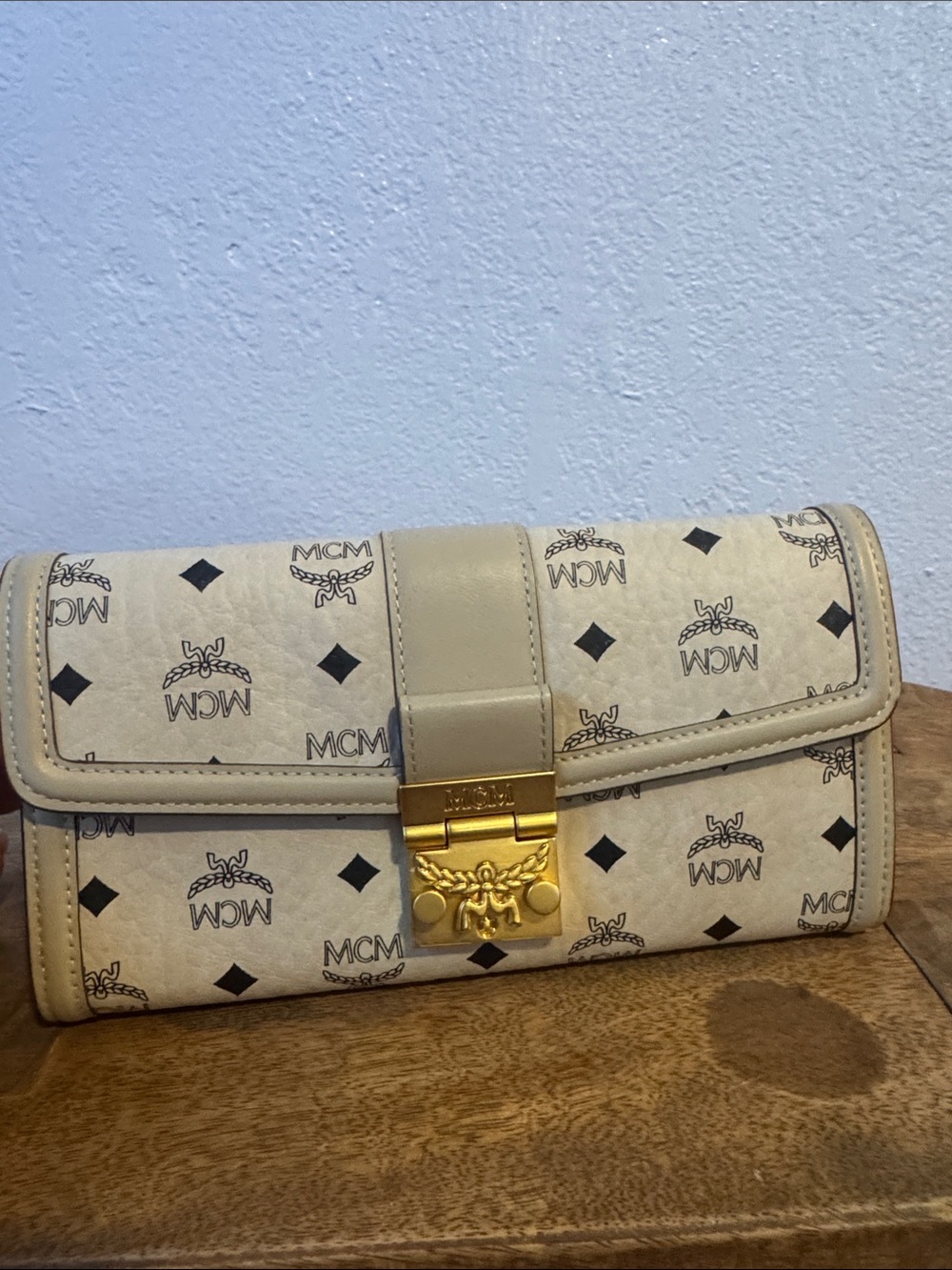 MCM Cream Logo Canvas Wallet-on-a Chain with Gold-Tone Lock